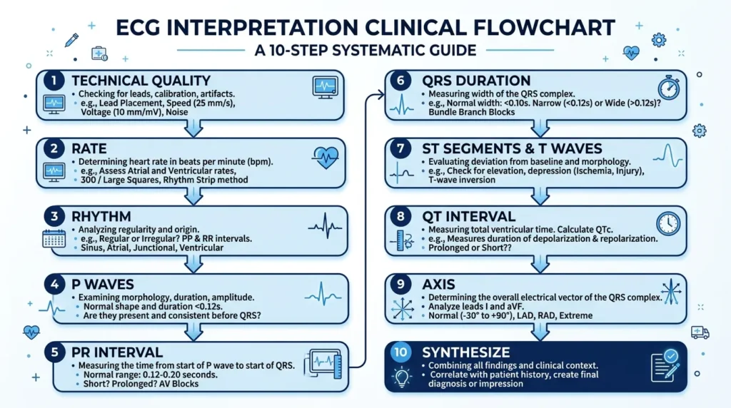 Flowchart showing 10-step systematic approach to 12-lead ECG interpretation for nurses