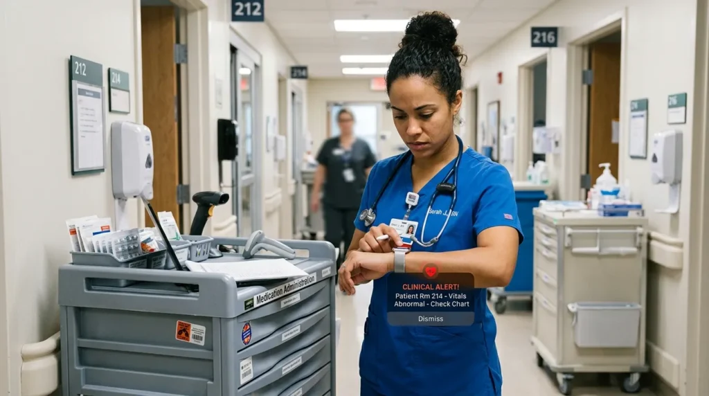 Nurse checking clinical alert notification on smartwatch during medication round