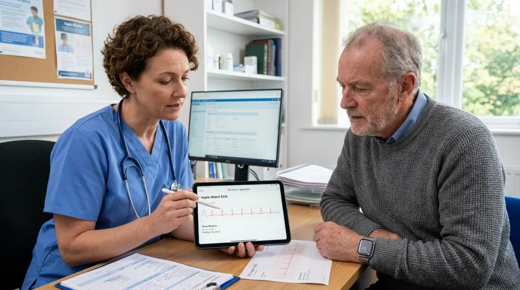 Nurse-reviewing-Apple-Watch-ECG-app-reading-with-a-cardiac-patient.
