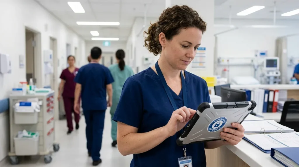 Nurse using hospital-secured tablet with IT compliance badge visible