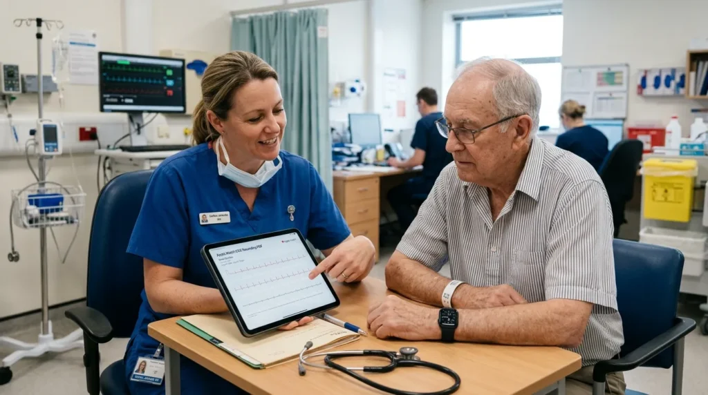 Registered nurse reviewing Apple Watch ECG PDF with patient during hospital consultation