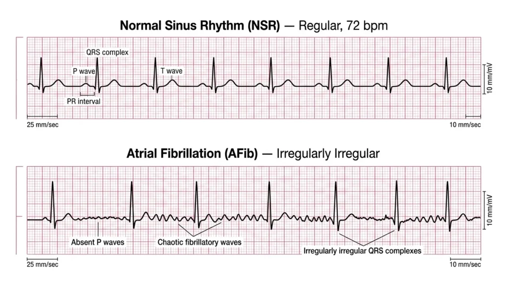 Side-by-side comparison of normal sinus rhythm ECG strip versus atrial fibrillation ECG strip showing absent P waves and irregular rhythm