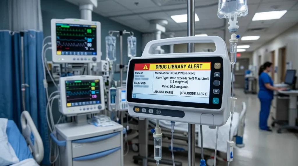 Smart infusion pump display showing drug library alert in ICU setting