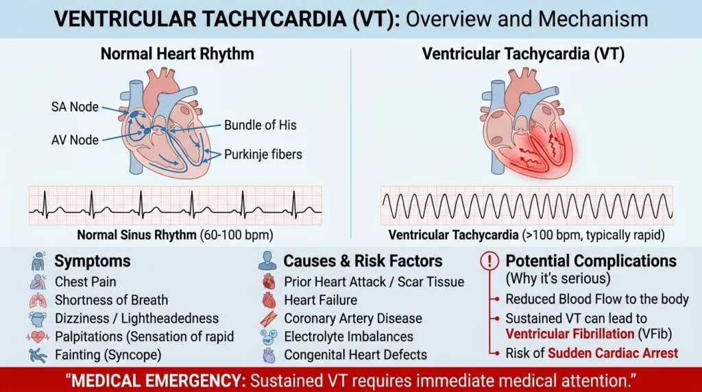 ECG strip comparison showing ventricular tachycardia with wide QRS complexes versus ventricular fibrillation with chaotic waveform