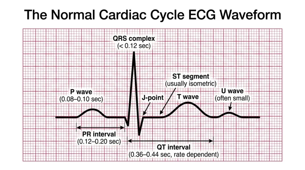 Labeled ECG waveform showing P wave, PR interval, QRS complex, ST segment, T wave, and QT interval