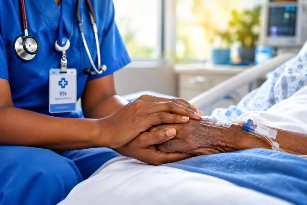 Nurse holding an elderly patient's hand, representing the therapeutic human presence AI cannot replicate