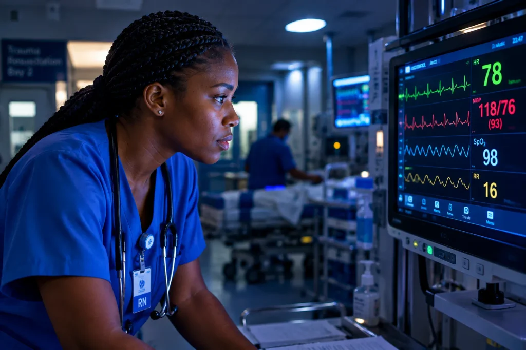Nurse reviewing ECG monitor during a night shift in the emergency room, illustrating AI-assisted early warning detection