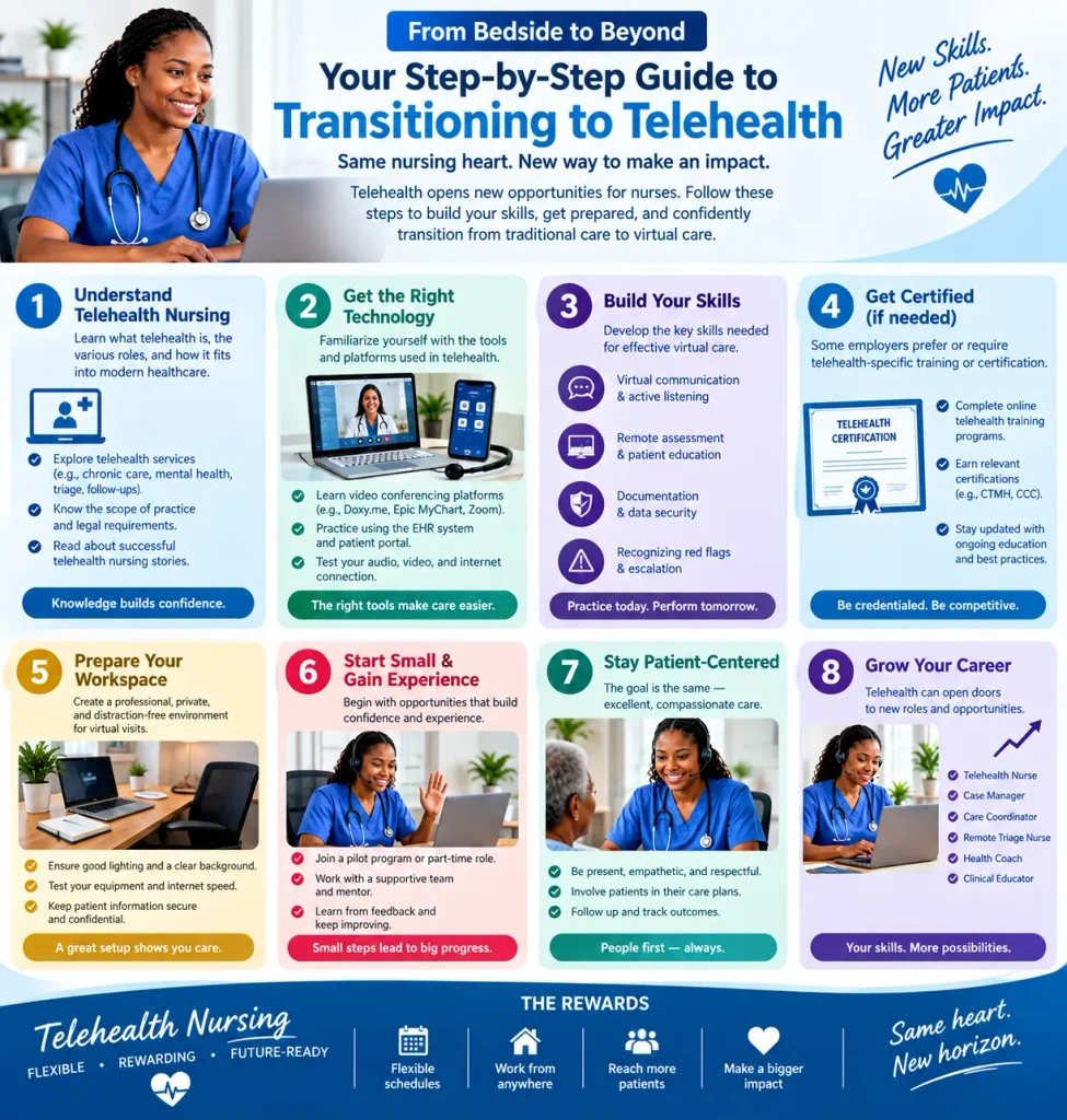 Step-by-step infographic showing eight steps for nurses transitioning to telehealth, including learning telehealth, building skills, choosing technology, gaining experience, and growing a career.