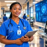 Ghanaian nurse standing in hospital corridor with AI-powered monitors in the background, symbolizing nurses working alongside AI technology