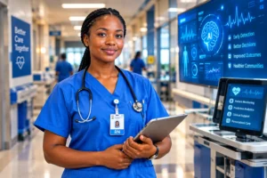 Ghanaian nurse standing in hospital corridor with AI-powered monitors in the background, symbolizing nurses working alongside AI technology
