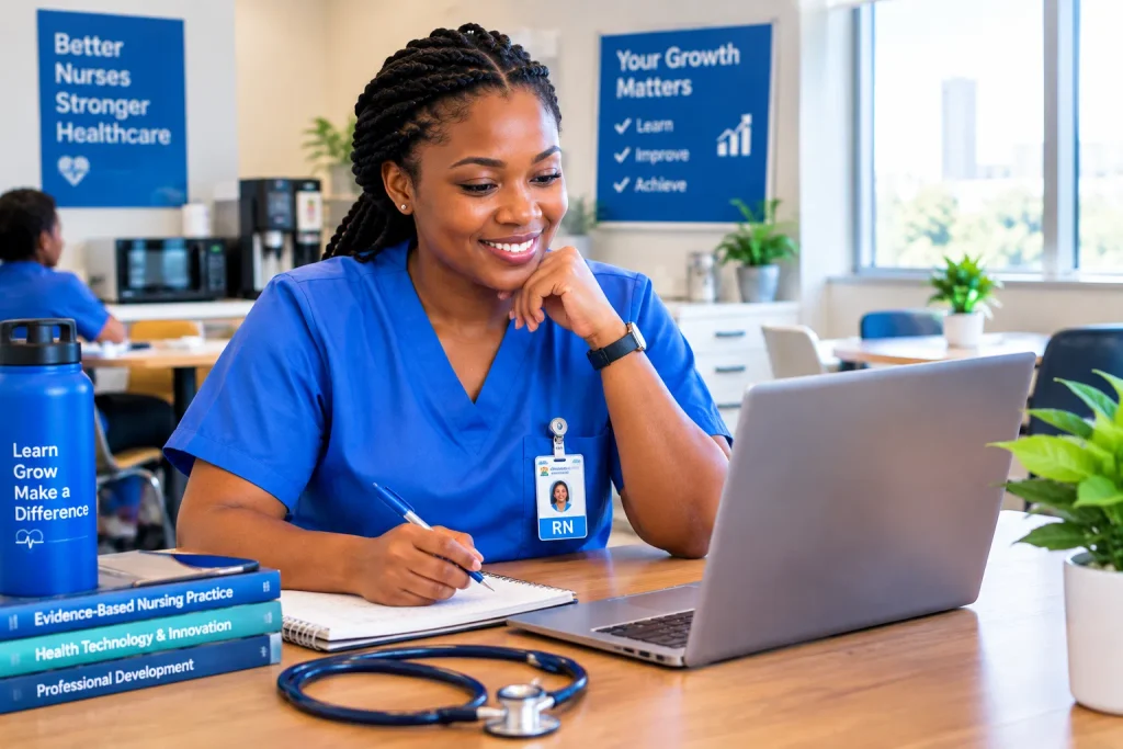 Nurse using a laptop to build AI literacy skills during a break, representing professional development in the AI era