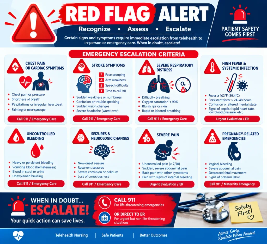 Emergency escalation infographic highlighting telehealth red flags including chest pain, stroke symptoms, respiratory distress, severe infection, bleeding, seizures, severe pain, and pregnancy emergencies.