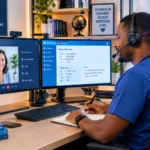 Telehealth nurse in blue scrubs working from a professional home office with dual monitors, headset, and virtual patient consultation.