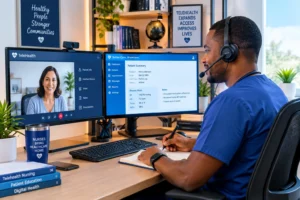 Telehealth nurse in blue scrubs working from a professional home office with dual monitors, headset, and virtual patient consultation.