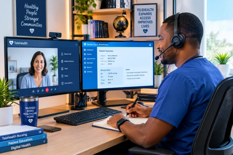 Telehealth nurse in blue scrubs working from a professional home office with dual monitors, headset, and virtual patient consultation.
