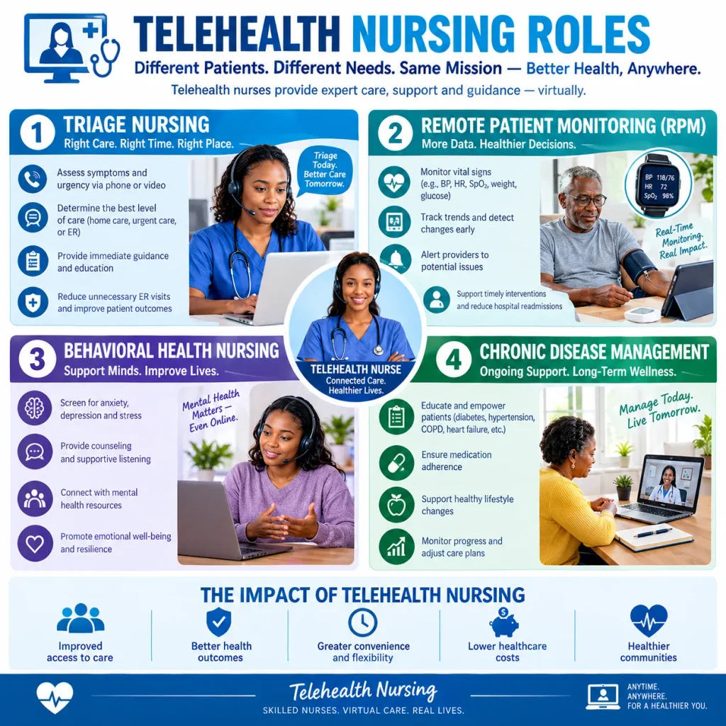 Infographic showing four telehealth nursing roles: triage nursing, remote patient monitoring, behavioral health nursing, and chronic disease management.