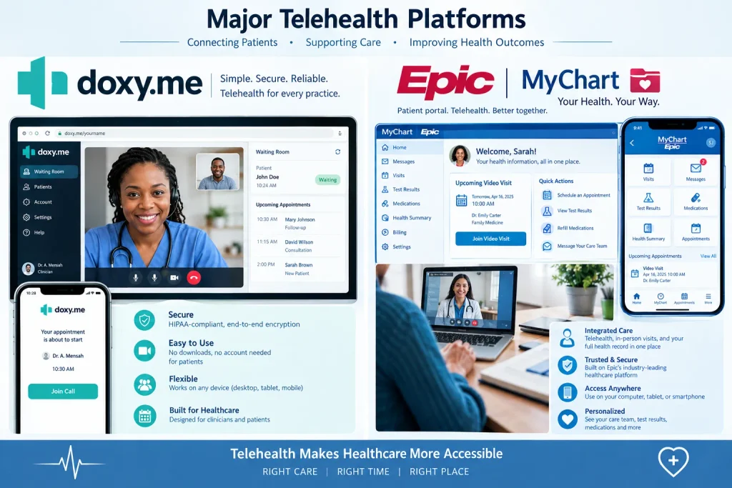 Comparison graphic showing Doxy.me and Epic MyChart telehealth platforms with examples of video visits, patient portals, and remote healthcare access.