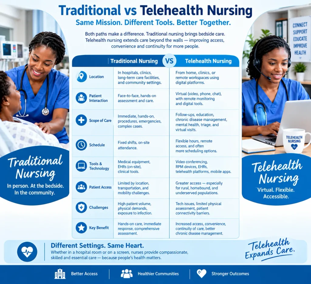 Comparison chart highlighting differences between traditional bedside nursing and telehealth nursing, including location, patient interaction, technology, access, and scheduling.