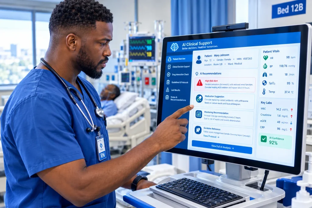 Registered nurse working alongside AI clinical decision support screen in a hospital ward — artificial intelligence replacing nurses concept"