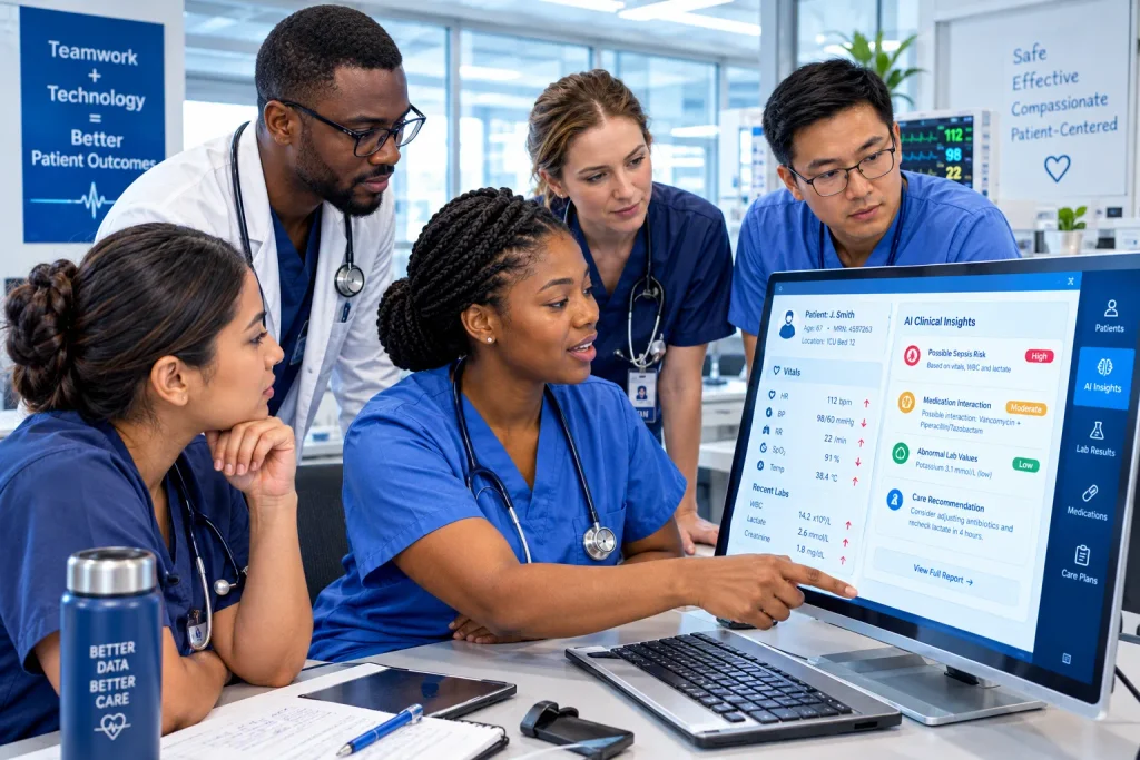 Healthcare worker reviewing AI tool output with skeptical expression — AI limitations and red flags in clinical nursing settings