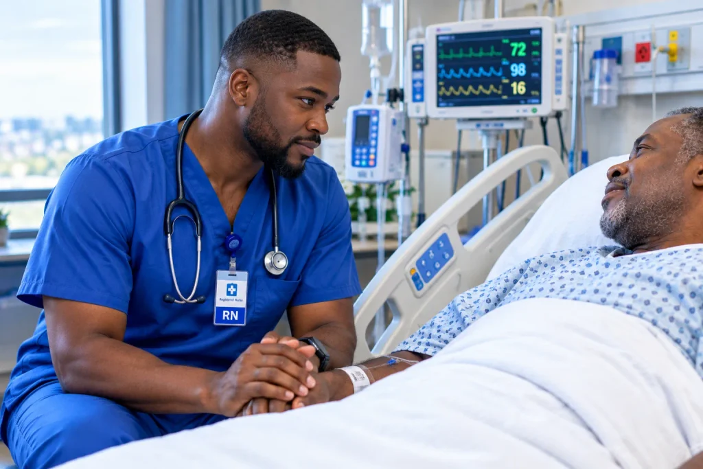 Nurse holding patient's hand in hospital bed — human connection in nursing that AI cannot replace