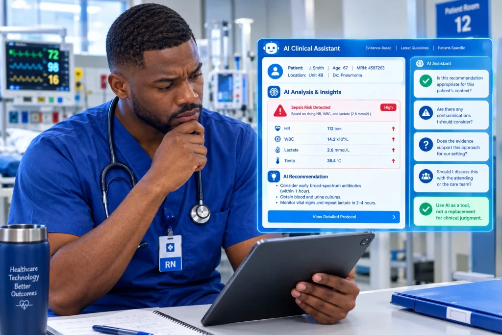 Nurse reviewing AI clinical decision support alerts on a tablet in a hospital — clinical insights nurses know about AI limitations